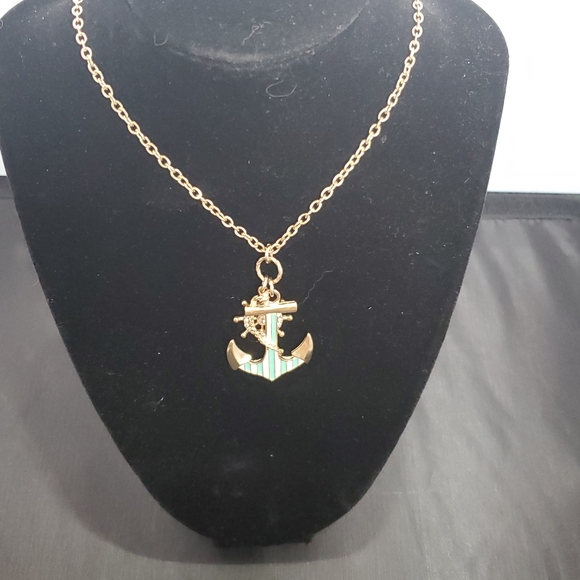 Euc Blue and White Enamel Anchor and Rhinestone Wheel in Gold Tone Setting Chain - Picture 3 of 7